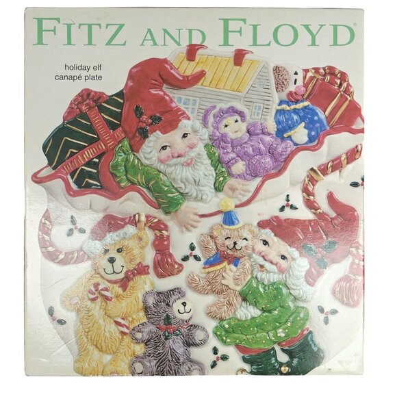 Vintage Fitz & Floyd Holiday Christmas Elf Canape Cookies Plate New In Box - Picture 1 of 8
